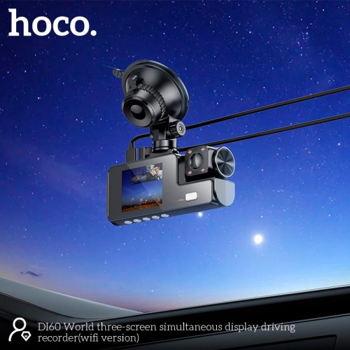 Відеореєстратор HOCO DI60 World three-screen simultaneous display driving recorder (wifi version) |720p front/480p rear/480p inner| black