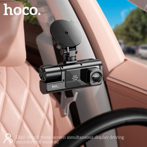 Відеореєстратор HOCO DI60 World three-screen simultaneous display driving recorder (wifi version) |720p front/480p rear/480p inner| black