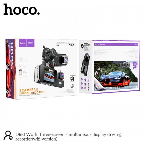 Відеореєстратор HOCO DI60 World three-screen simultaneous display driving recorder (wifi version) |720p front/480p rear/480p inner| black