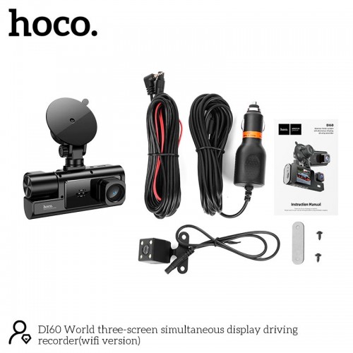 Відеореєстратор HOCO DI60 World three-screen simultaneous display driving recorder (wifi version) |720p front/480p rear/480p inner| black
