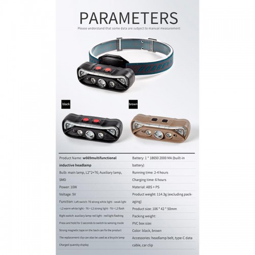 Фонарь 2в1 налобный+велофонарь c управлением жестами W669 |Type-C, 6h Max|