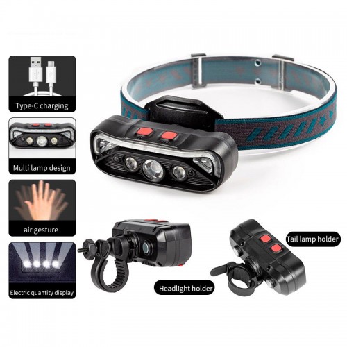 Фонарь 2в1 налобный+велофонарь c управлением жестами W669 |Type-C, 6h Max|