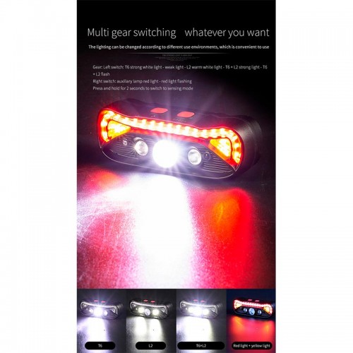 Фонарь 2в1 налобный+велофонарь c управлением жестами W669 |Type-C, 6h Max|