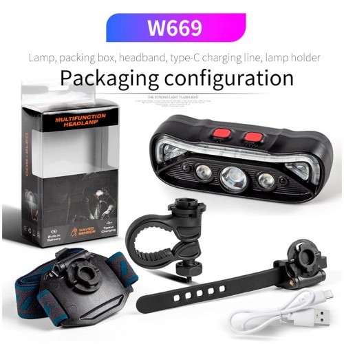 Ліхтар 2в1 налобний + велофонарь C управлінням жестами W669 |Type-C, 6h Max| black