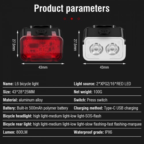 Набір велофонариків передній + задній 5 режимів 800lmn L12 |Type-C, ipx6| black