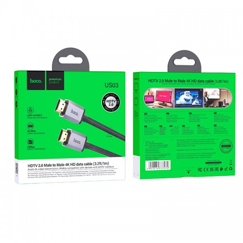 Кабель HOCO HDTV 2.0 Male to Male 4K HD data cable US03 (L=1M) black