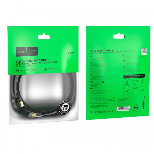 Кабель HOCO General pure copper flat network cable US07 (3M, 1Gbps) black