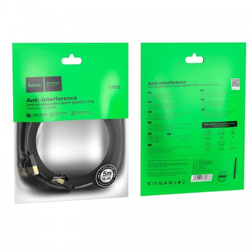 Кабель HOCO General pure copper flat network cable US07 (5M, 1Gbps) black