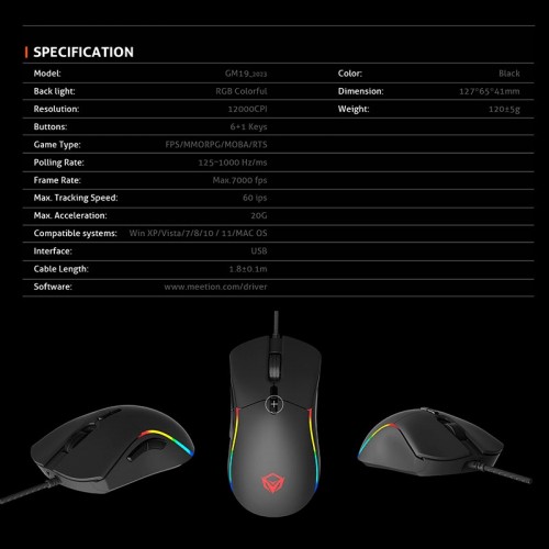 Миша MEETION RGB Backlit Gaming Mouse RGB GM19_2023 |12000dpi| black