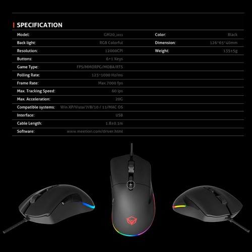 Миша MEETION RGB Backlit Gaming Mouse RGB GM20_2023 |12000dpi| black