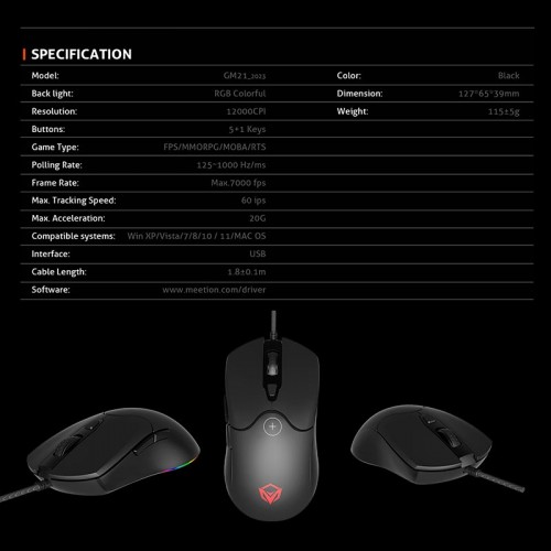 Миша MEETION RGB Backlit Gaming Mouse RGB GM21_2023 |12000dpi| black