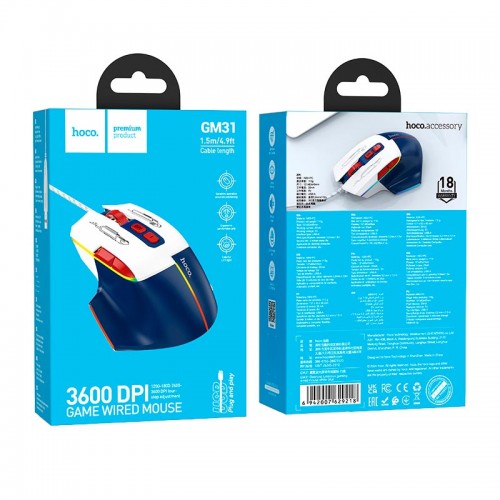 Миша HOCO Overlord luminous gaming wired mouse GM31 |1200-1800-2400-3600dpi| white-blue