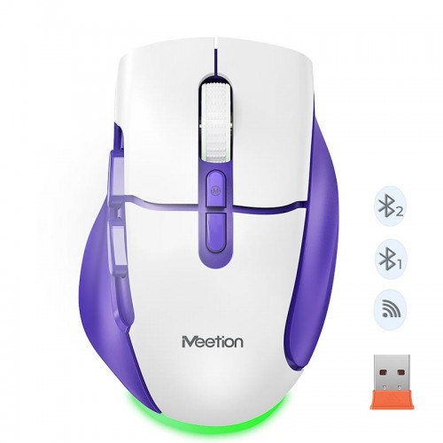 Миша MEETION 2.4 G + Bluetooth wireless gaming mouse BTM001 |800-1200-1600-2400dpi, 7keys, 35/140h, Type-C Charging, RGB| white-purple
