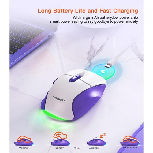 Миша MEETION 2.4 G + Bluetooth wireless gaming mouse BTM001 |800-1200-1600-2400dpi, 7keys, 35/140h, Type-C Charging, RGB| white-purple