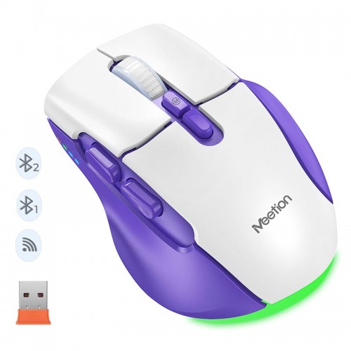 Миша MEETION 2.4 G + Bluetooth wireless gaming mouse BTM001 |800-1200-1600-2400dpi, 7keys, 35/140h, Type-C Charging, RGB| white-purple