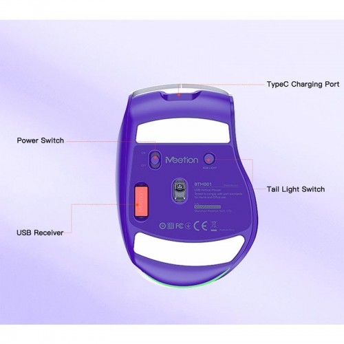 Миша MEETION 2.4 G + Bluetooth wireless gaming mouse BTM001 |800-1200-1600-2400dpi, 7keys, 35/140h, Type-C Charging, RGB| white-purple