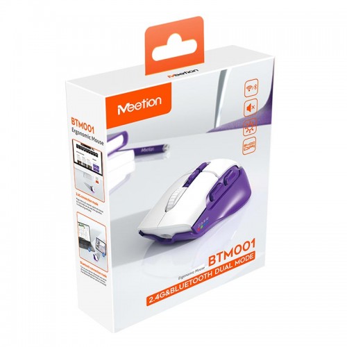 Миша MEETION 2.4 G + Bluetooth wireless gaming mouse BTM001 |800-1200-1600-2400dpi, 7keys, 35/140h, Type-C Charging, RGB| white-purple