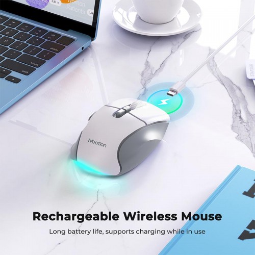 Миша MEETION 2.4 G + Bluetooth wireless gaming mouse BTM001 |800-1200-1600-2400dpi, 7keys, 35/140h, Type-C Charging, RGB| white-purple