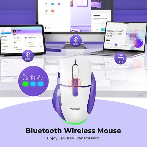 Миша MEETION 2.4 G + Bluetooth wireless gaming mouse BTM001 |800-1200-1600-2400dpi, 7keys, 35/140h, Type-C Charging, RGB| white-purple