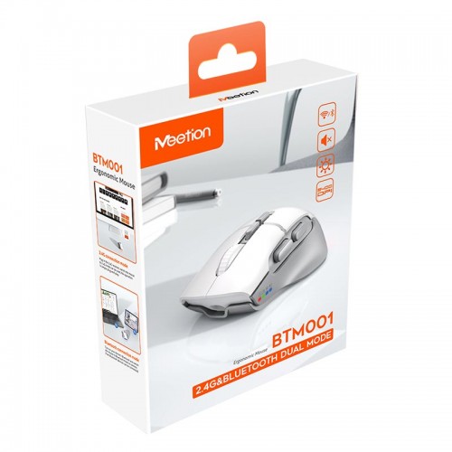 Миша MEETION 2.4 G + Bluetooth wireless gaming mouse BTM001 |800-1200-1600-2400dpi, 7keys, 35/140h, Type-C Charging, RGB| white-grey