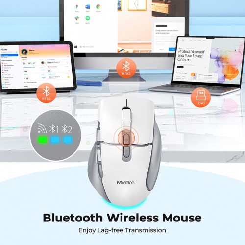 Миша MEETION 2.4 G + Bluetooth wireless gaming mouse BTM001 |800-1200-1600-2400dpi, 7keys, 35/140h, Type-C Charging, RGB| white-grey