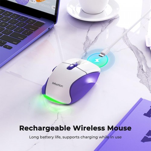 Миша MEETION 2.4 G + Bluetooth wireless gaming mouse BTM001 |800-1200-1600-2400dpi, 7keys, 35/140h, Type-C Charging, RGB| white-grey