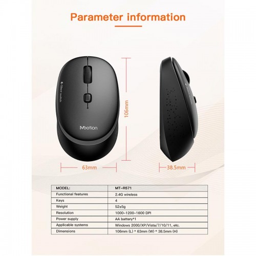 Миша MEETION 2.4 G Wireless Office Mouse R571 |1000/1200/1600 DPI, AA Battery| white-purple