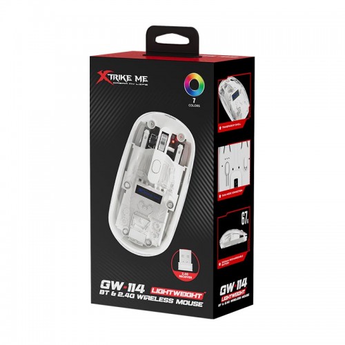 Мышь XTRIKE Me wireless transparent optical mouse GW-114 |2.4G/BT5.2, 800-1200-1600dpi|