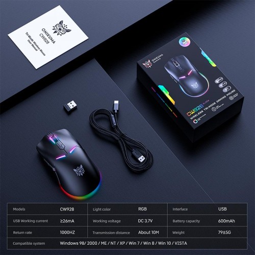 Миша Onikuma Onikuma RGB Tri-Mode Gaming Mouse CW928 |2.4G/BT/Type-C, 800-12000DPI| white