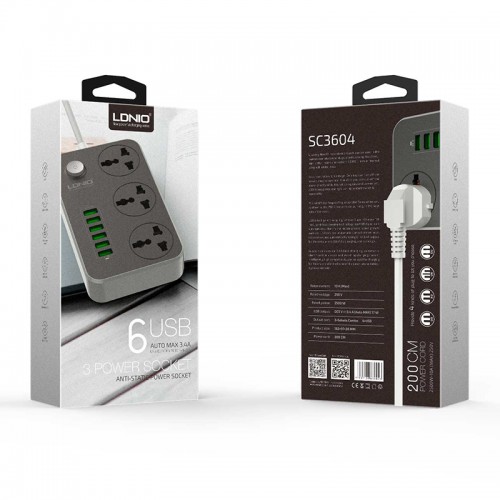 Удлинитель сетевой LDNIO универсальный SC3604 |2500W, 10A, 1.6m, 6usb, 3.4A| чёрный