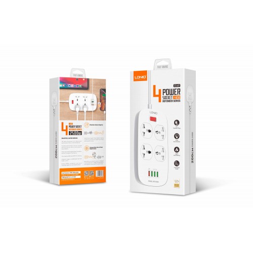 Подовжувач мережевий Ldnio SC4407 |2500W, 2m EU Plug, 4 USB, 4 Sockets. QC3.0, 3.1A|/8W| white