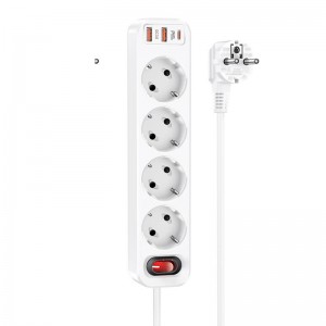 Подовжувач мережевий HOCO Aura 4-bit extension Cable socket fast charge NS1 |2USB/1Type-C, 4Sockets, 4000W, 20W/3A, PD/QC, 1.8m| white