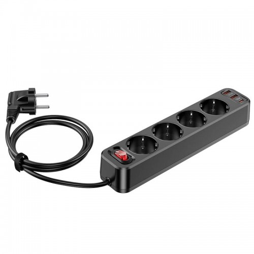 Подовжувач мережевий HOCO Aura 4-bit extension Cable socket fast charge NS1 |2USB/1Type-C, 4Sockets, 4000W, 20W/3A, PD/QC, 1.8m| white