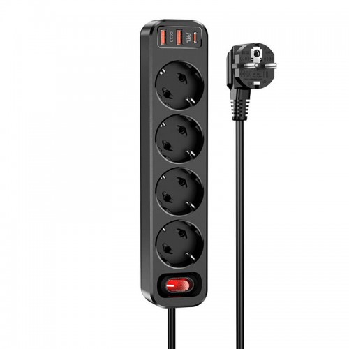 Подовжувач мережевий HOCO Aura 4-bit extension Cable socket fast charge NS1 |2USB/1Type-C, 4Sockets, 4000W, 20W/3A, PD/QC, 1.8m| black