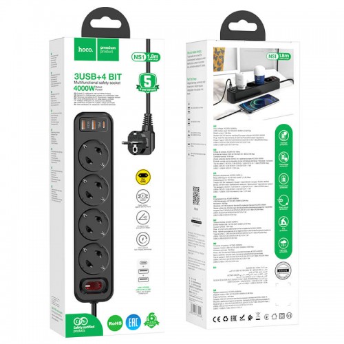 Подовжувач мережевий HOCO Aura 4-bit extension Cable socket fast charge NS1 |2USB/1Type-C, 4Sockets, 4000W, 20W/3A, PD/QC, 1.8m| black