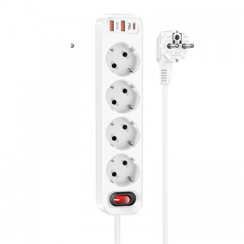 Подовжувач мережевий HOCO Aura 4-bit extension Cable socket fast charge NS1 |2USB/1Type-C, 4Sockets, 4000W, 20W/3A, PD/QC, 1.8m| black