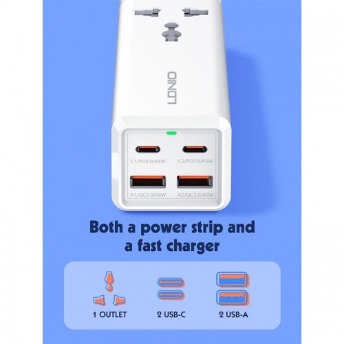 Подовжувач мережевий Ldnio SC1418 |2USB/2Type-C, 1Sockets. QC/PD, 65W/10A, 2m EU Plug| white