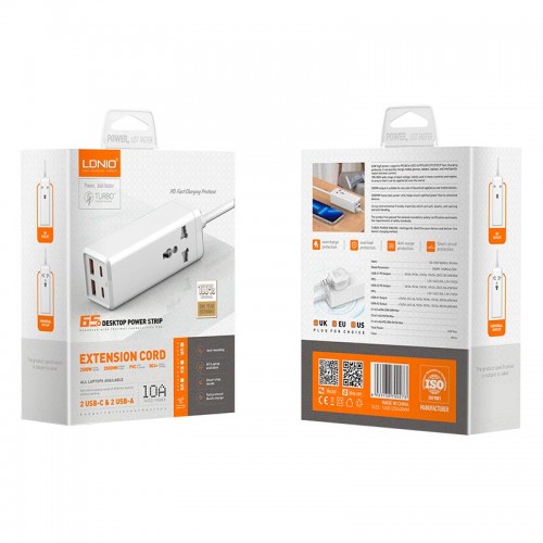 Подовжувач мережевий Ldnio SC1418 |2USB/2Type-C, 1Sockets. QC/PD, 65W/10A, 2m EU Plug| white