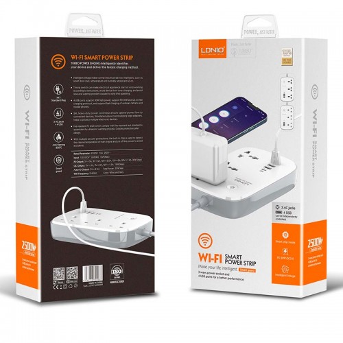 Подовжувач мережевий LDNIO c Wi-Fi SCW3451 |3USB/1Type-C, 3Sockets. QC/PD, 30W/10A, 2m EU Plug| white
