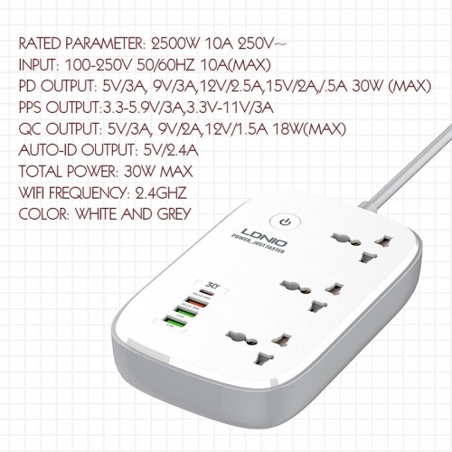 Подовжувач мережевий LDNIO c Wi-Fi SCW3451 |3USB/1Type-C, 3Sockets. QC/PD, 30W/10A, 2m EU Plug| white