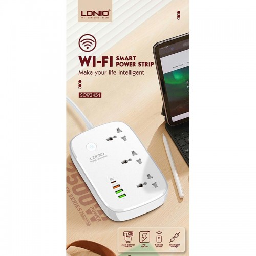 Подовжувач мережевий LDNIO c Wi-Fi SCW3451 |3USB/1Type-C, 3Sockets. QC/PD, 30W/10A, 2m EU Plug| white