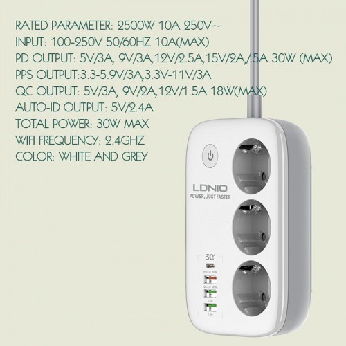 Подовжувач мережевий LDNIO c Wi-Fi SEW3452 |3USB/1Type-C, 3Sockets. QC/PD, 30W/10A, 2m EU Plug| white
