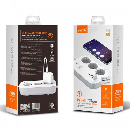 Подовжувач мережевий LDNIO c Wi-Fi SEW3452 |3USB/1Type-C, 3Sockets. QC/PD, 30W/10A, 2m EU Plug| white
