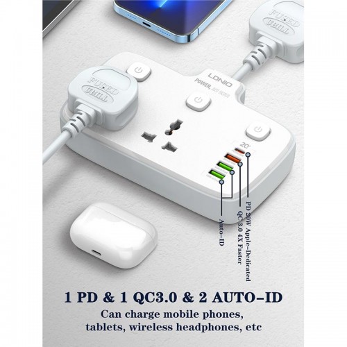 Подовжувач мережевий Ldnio SC2413 |3USB/1Type-C, 3Sockets. QC/PD, 20W/10A, EU Plug| white