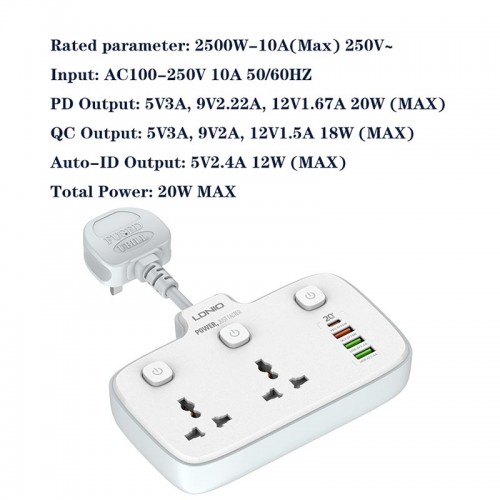 Подовжувач мережевий Ldnio SC2413 |3USB/1Type-C, 3Sockets. QC/PD, 20W/10A, EU Plug| white
