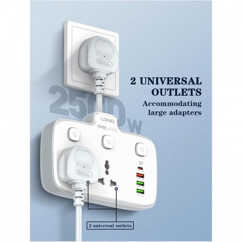 Подовжувач мережевий Ldnio SC2413 |3USB/1Type-C, 3Sockets. QC/PD, 20W/10A, EU Plug| white