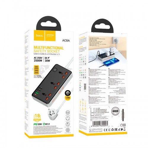 Подовжувач мережевий HOCO Storm 3-position socket AC8A |3USB/1Type-C, PD/QC, 3A/30W| black