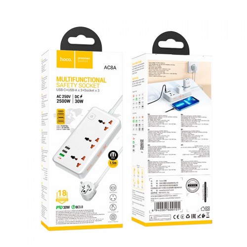Подовжувач мережевий HOCO Storm 3-position socket AC8A |3USB/1Type-C, PD/QC, 3A/30W| white