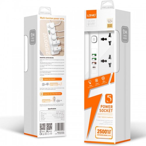 Подовжувач мережевий LDNIO SC5415 |PD20W/QC18W, 3USB/1Type-C, 5Sockets| white