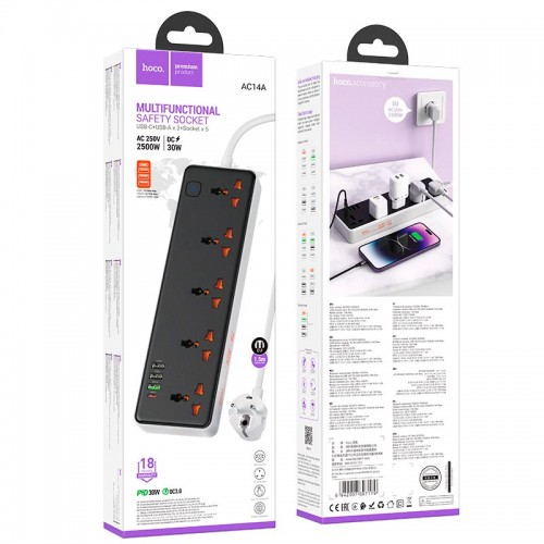 Подовжувач мережевий HOCO Rico 5-position socket AC14A |3USB/1Type-C, PD/QC, 3A/30W| black
